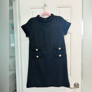 Women’s Black Short-Sleeve Textured Dress with Braided Neckline and Gold Buttons